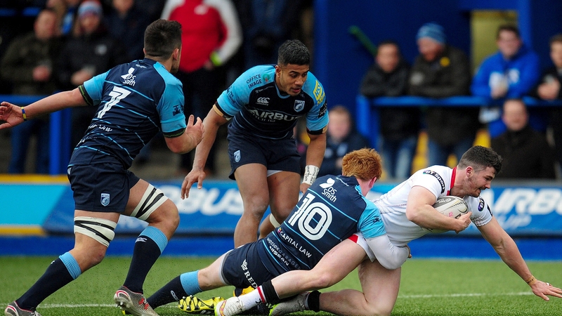 Ulster's Sam Arnold is tackled by Rhys Patchell