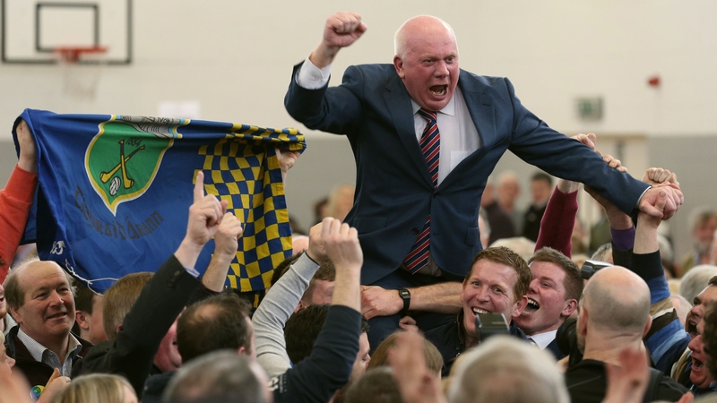 Fianna Fáil's Jackie Cahill is hoisted into the air as he celebrates being elected in Tipperary
