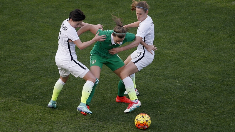 Ireland were awarded a penalty when Katie McCabe, pictured in action against the USA, was brought down by the Hungarian goalkeeper
