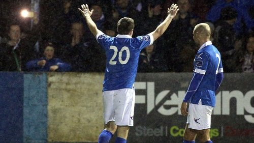 Dave Scully celebrates scoring the opener for Harps against the Candystripes at Finn Park