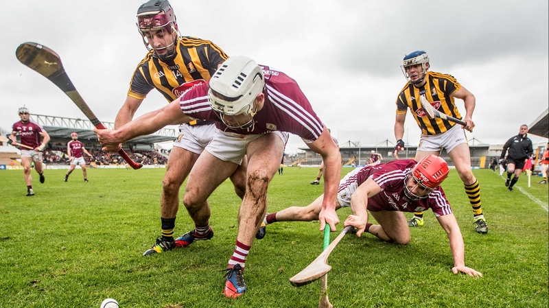 Kilkenny’s Kevin Kelly and TJ Reid with Gearoid McInerney and Fergal Moore of Galway