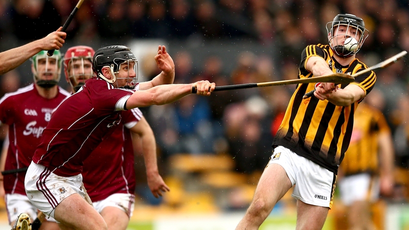 Galway's Aidan Harte and James Maher of Kilkenny battle for possession at Nowlan Park