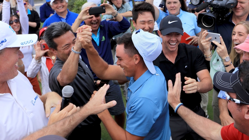 Rickie Fowler is mobbed at the Old Palm Golf Club