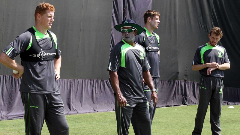 Kevin O’Brien (L) prepares to bowl at training in Dharamsala, India