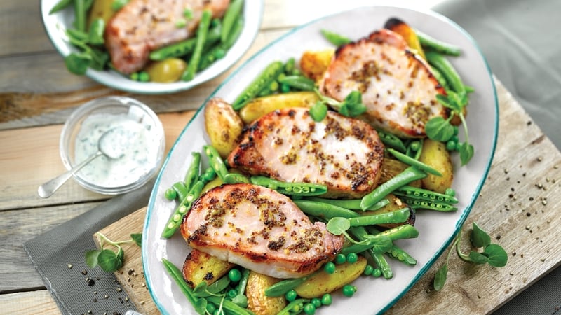 Bacon Chops with Warm Potato Salad and Peas