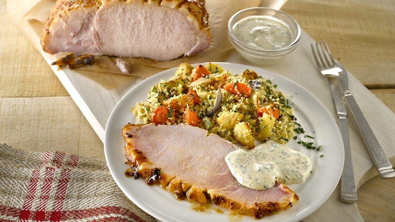 Glazed Loin of Bacon with Roasted Vegetable Couscous and Yogurt Dressing