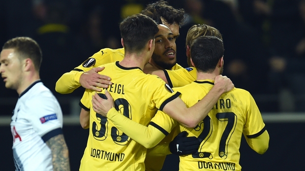 Dortmund striker Pierre-Emerick Aubameyang (centre) and his teammates celebrate