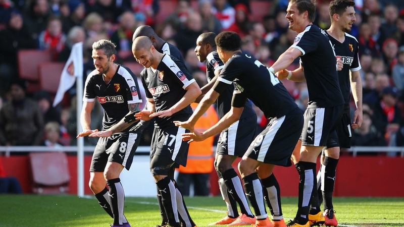 Watford players celebrate Adlene Guedioura's goal