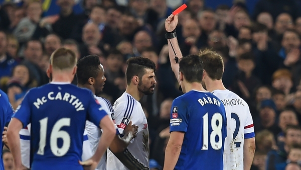 Costa was sent off by referee Michael Oliver for two yellow cards in the FA Cup quarter-final defeat at Goodison Park