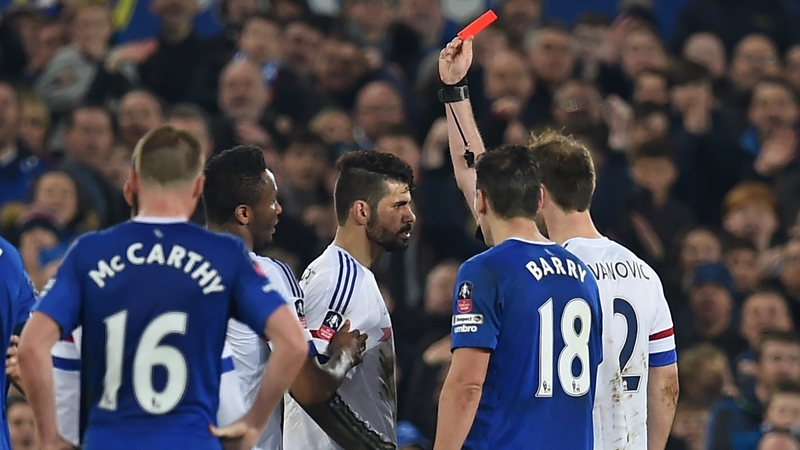 Costa was sent off by referee Michael Oliver for two yellow cards in the FA Cup quarter-final defeat at Goodison Park