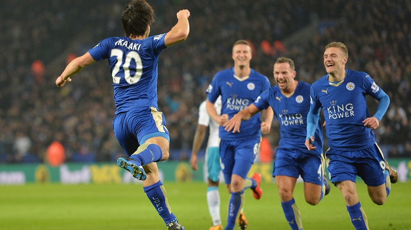Shinji Okazaki celebrates his first-half goal