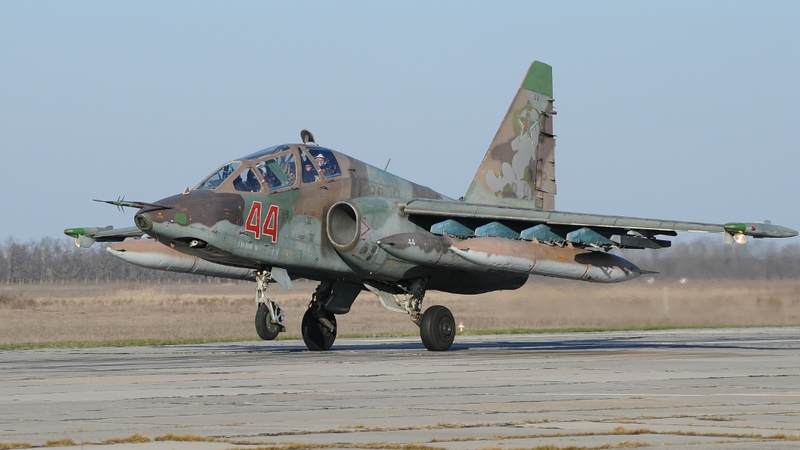 A Russian Sukhoi SU-25 strike fighter lands at an airbase outside Primorsko-Akhtarsk after its return from Syria