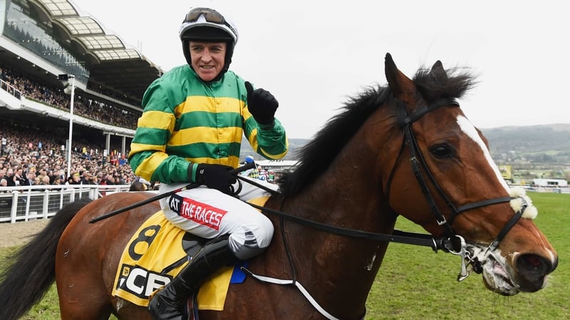 Barry Geraghty celebrates on Ivanovich Gorbatov after winning the Triumph Hurdle at Cheltenham this season