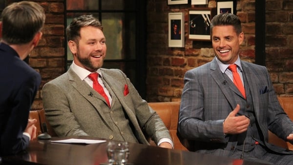 Duffy (R) described himself and McFadden (L) as "Jedward's granddads", to which McFadden replied: "Oldward. Awkward"