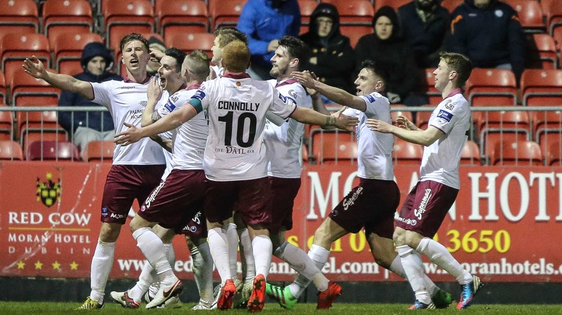 Galway United players celebrate John Sullivan's goal in their opening-night win at St Pat's