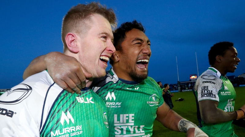 Connacht's Matt Healy and Bundee Aki celebrate victory over Leinster
