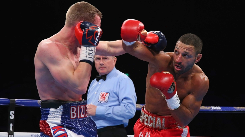 Kell Brook lands a right shot on Kevin Bizier