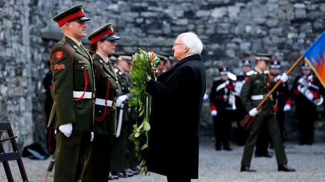 President Higgins laid a wreath at the Stonebreakers' Yard at Kilmainham Gaol this morning, where the leaders of the Rising were executed