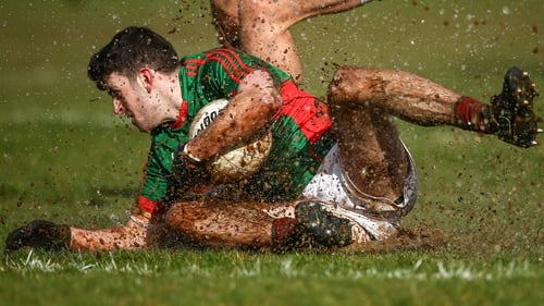 Mayo's Brendan Harrison slides in wet conditions at Hyde Park on Sunday