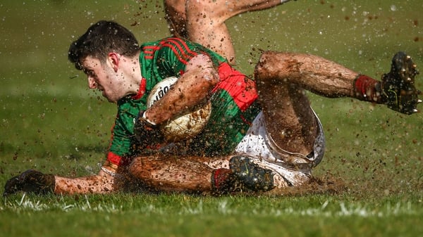 Mayo's Brendan Harrison slides in wet conditions at Hyde Park on Sunday