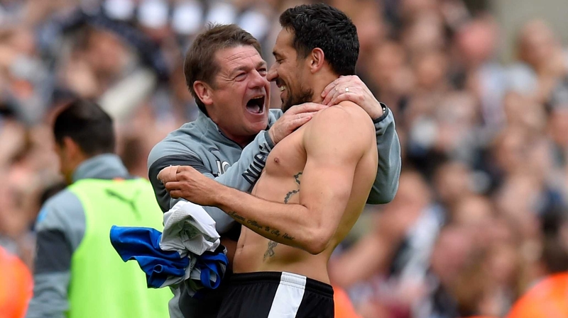 John Carver celebrates with Jonas Gutierrez after his goal against West Ham last May