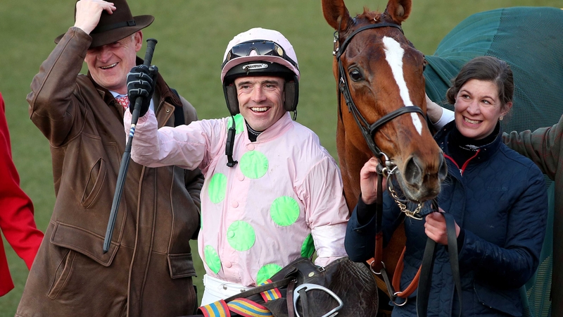 Ruby Walsh celebrates winning the Mares' Novices Hurdle on Limini at Cheltenham