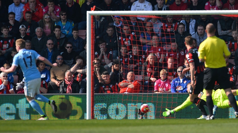 De Bruyne celebrates scoring against Bournemouth on Saturday