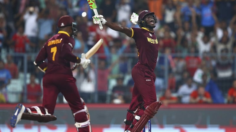Carlos Brathwaite celebrates after hitting the winning runs in the ICC World Twenty20 final