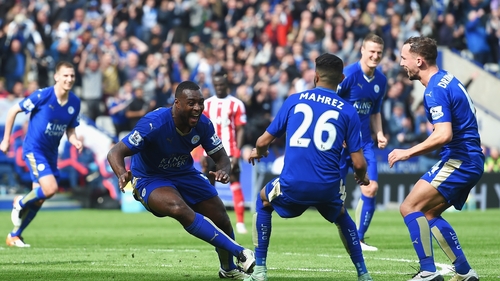 Wes Morgan celebrates his winning goal as the Foxes close in on the title