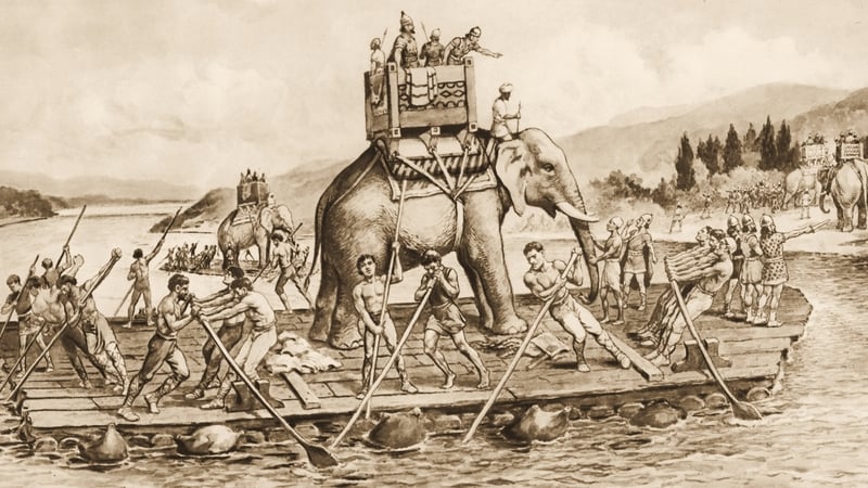 Hannibal and the Carthaginian army ferry their elephants across the River Rhone en route to Italy, during the Second Punic War between Rome and Carthage, 218 BC
