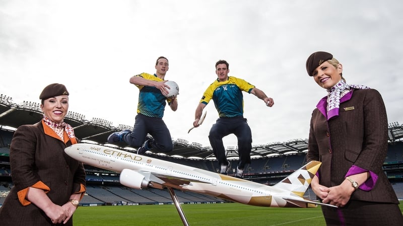 Colm Cavanagh of Tyrone and Kilkenny's Colin Fennelly, with Etihad cabin crew Leanne McGarry and Charlene O'Shea