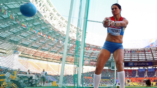 Tatyana Beloborodova in action at the World Athletics Championships in Moscow in 2013