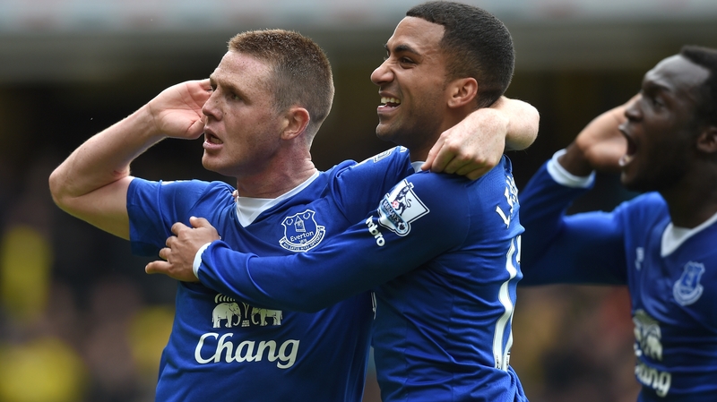James McCarthy is joined by team-mate Aaron Lennon after scoring against Watford