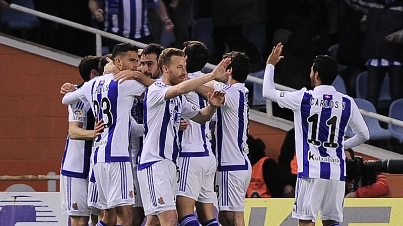 Real Sociedad celebrate what turned out to be the only goal at the Anoeta