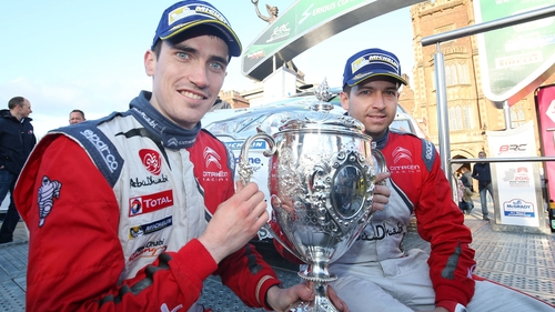Craig Breen and co-driver Scott Martin celebrate winning the 2016 Circuit of Ireland