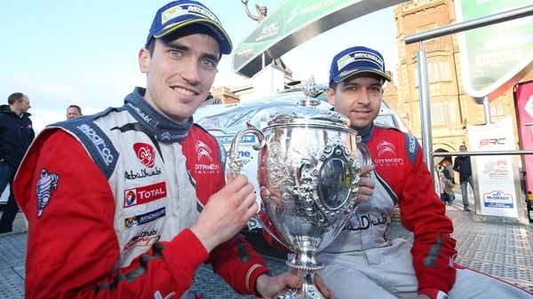 Craig Breen and co-driver Scott Martin celebrate winning the 2016 Circuit of Ireland