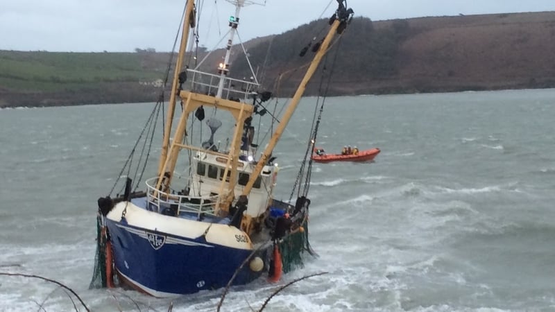The Sean Anthony grounded as it entered Kinsale harbour at around six o'clock this evening (Pic: Mark Lewis, RNLI)