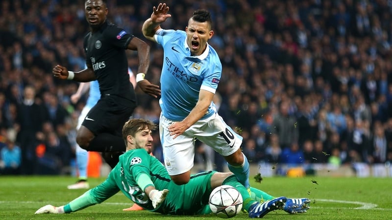 Sergio Aguero is taken down for a penalty but the City striker missed the spot-kick