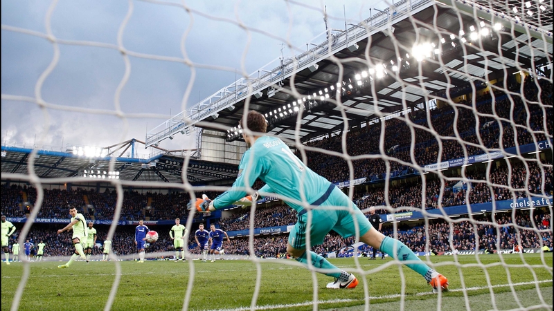 Sergio Aguero completes his hat-trick from the penalty spot at Stamford Bridge