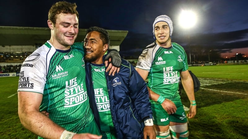 Robbie Henshaw and Bundee Aki celebrate victory over Munster