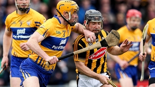 Cian Dillon and Richie Hogan battle for possession during the goal-fest between Clare and Kilkenny