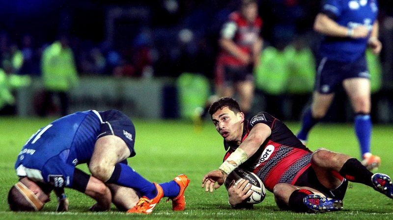 Fergus McFadden (l) after the tackle on Damien Hoyland