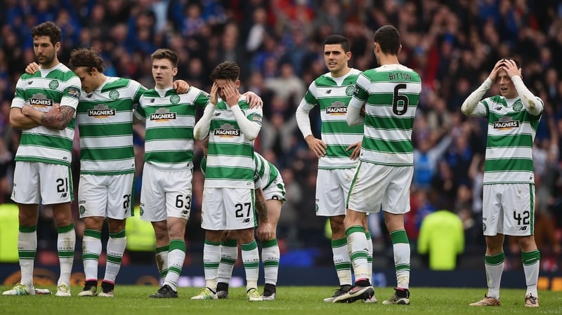 Celtic players react at the penalty shoot out during the William Hill Scottish Cup semi-final at Hampden Park