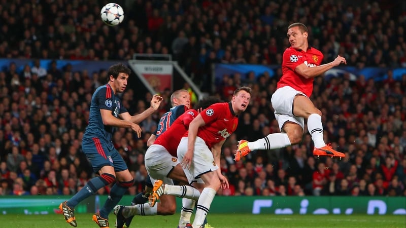 Nemanja Vidic scores for United against Bayern Munich in 2014