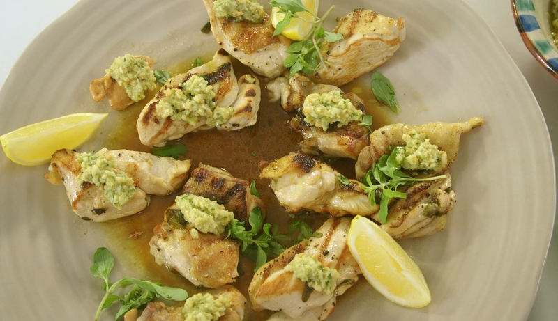 Grilled Chicken with Summer Marjoram and Lemon and Roasted Almond Sauce