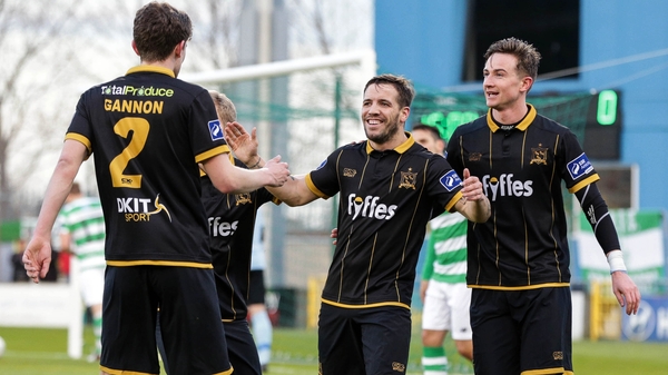 Sean Gannon, Darren Meenan and Ronan Finn celebrate Shamrock Rovers' own goal