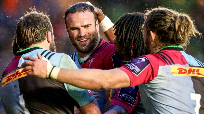 Jamie Roberts celebrates Harlequins' first-half try