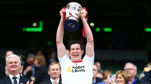 Sean Cavanagh celebrates winning the Allianz Division 2 Final