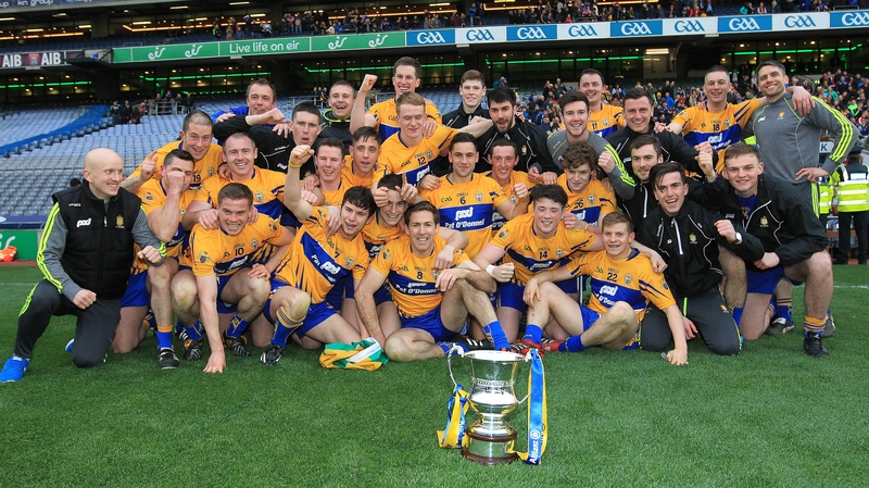 Clare footballers celebrate their Division 3 title