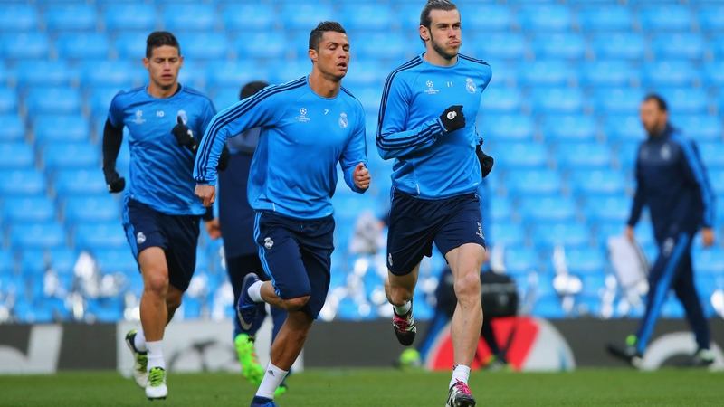 Cristiano Ronaldo training earlier today alongside Gareth Bale